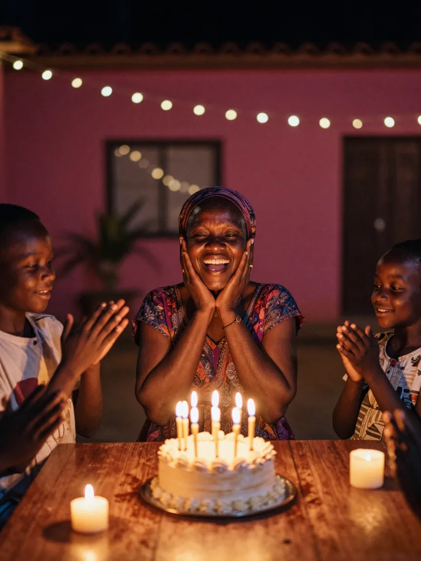 Une grand-mère rit devant son gâteau d'anniversaire, entourée des enfants.