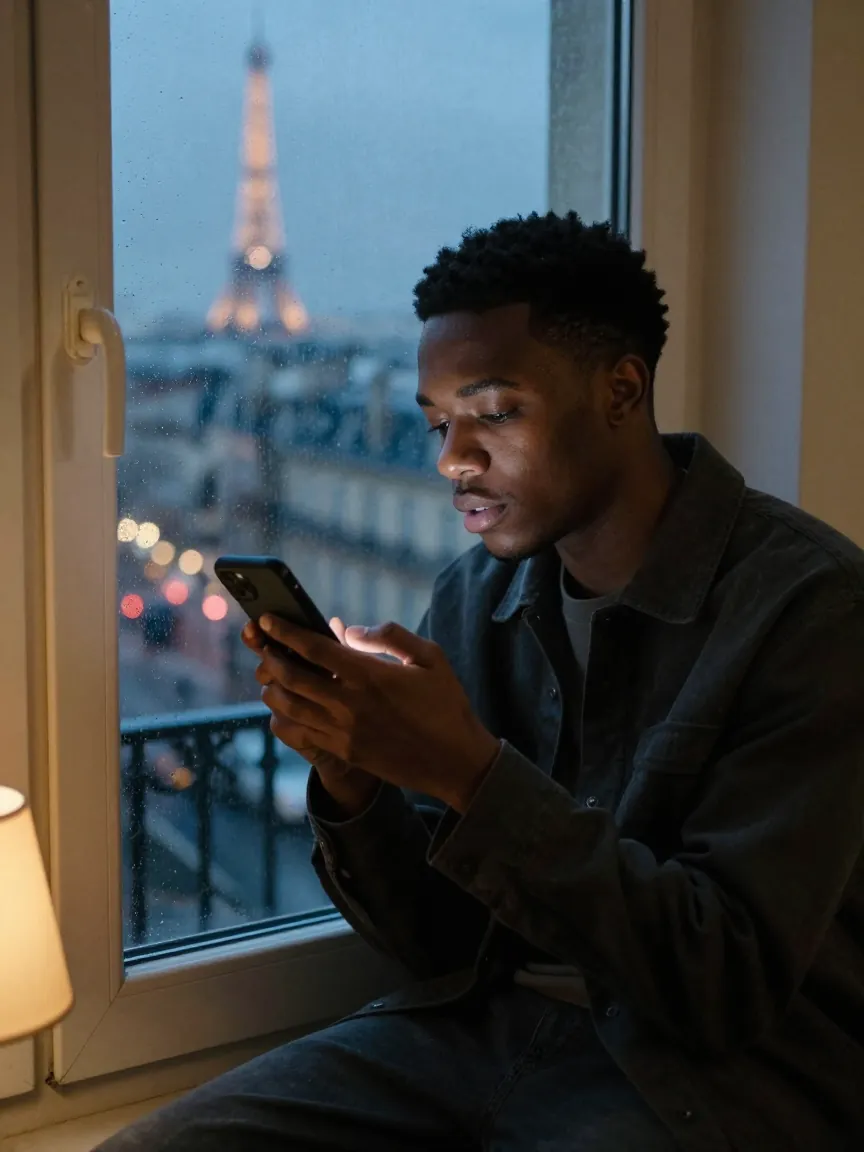 Un jeune homme enregistre un message vocal la nuit, à sa fenêtre, à Paris.