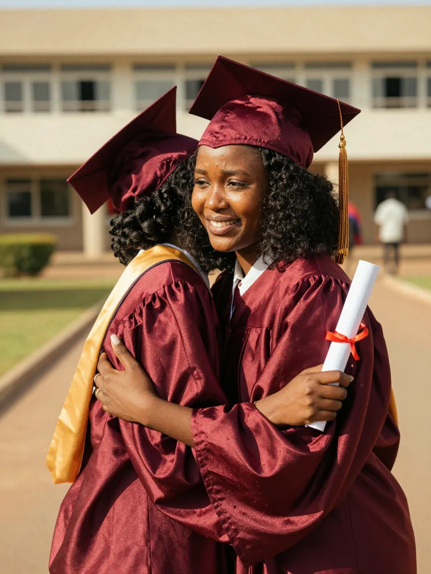 Une jeune diplômée serrée dans les bras de sa mère.