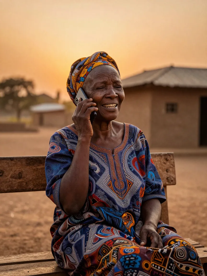 Une grand-mère, au village, écoute un message sur son téléphone, les yeux fermés, en souriant.