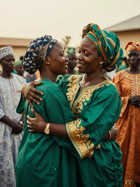 Une fille et sa mère s'embrassent le matin de l'Aïd, en habits de fête.