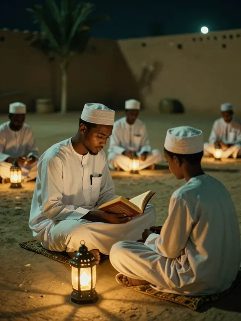 La nuit du Maouloud, des jeunes lisent à la lueur des lanternes.