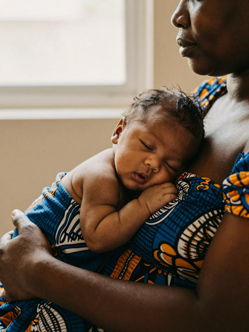 Une maman tient son nouveau-né endormi contre elle.