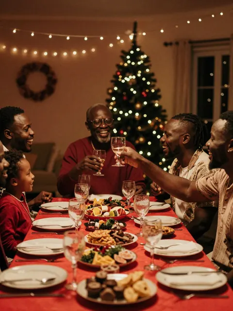 Une famille rit autour de la table de Noël.