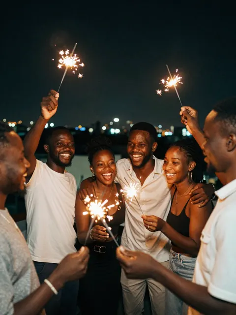 Des amis fêtent le Nouvel An avec des cierges magiques sur un toit d'Abidjan.