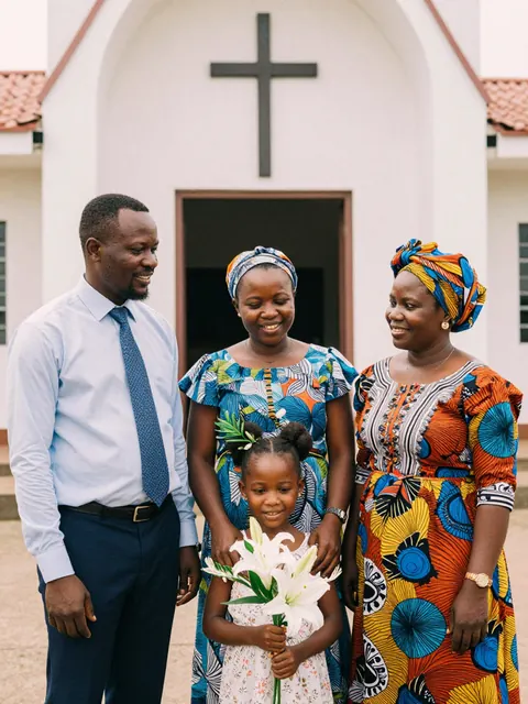 Une famille endimanchée devant l'église le matin de Pâques.