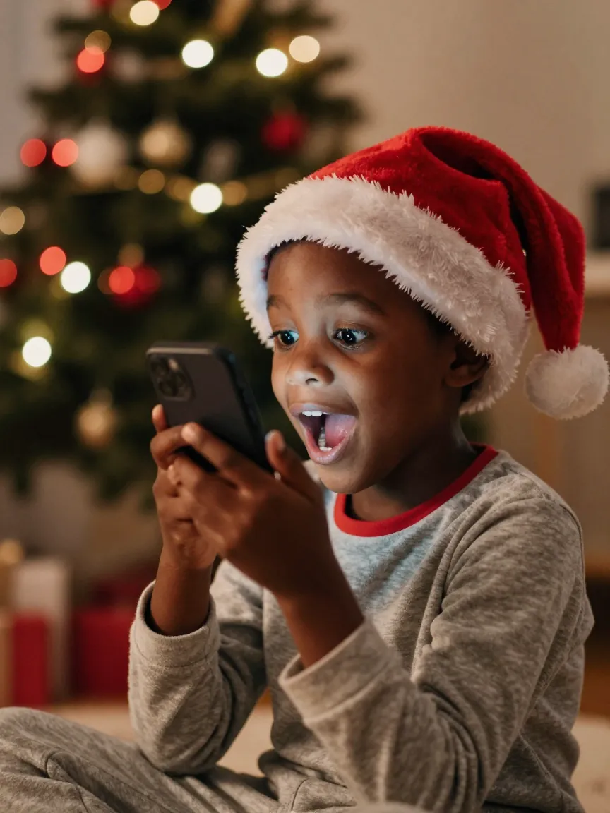 Un petit garçon en bonnet de Noël, émerveillé devant le téléphone.