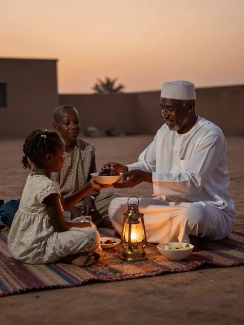 Une famille rompt le jeûne ensemble au coucher du soleil.