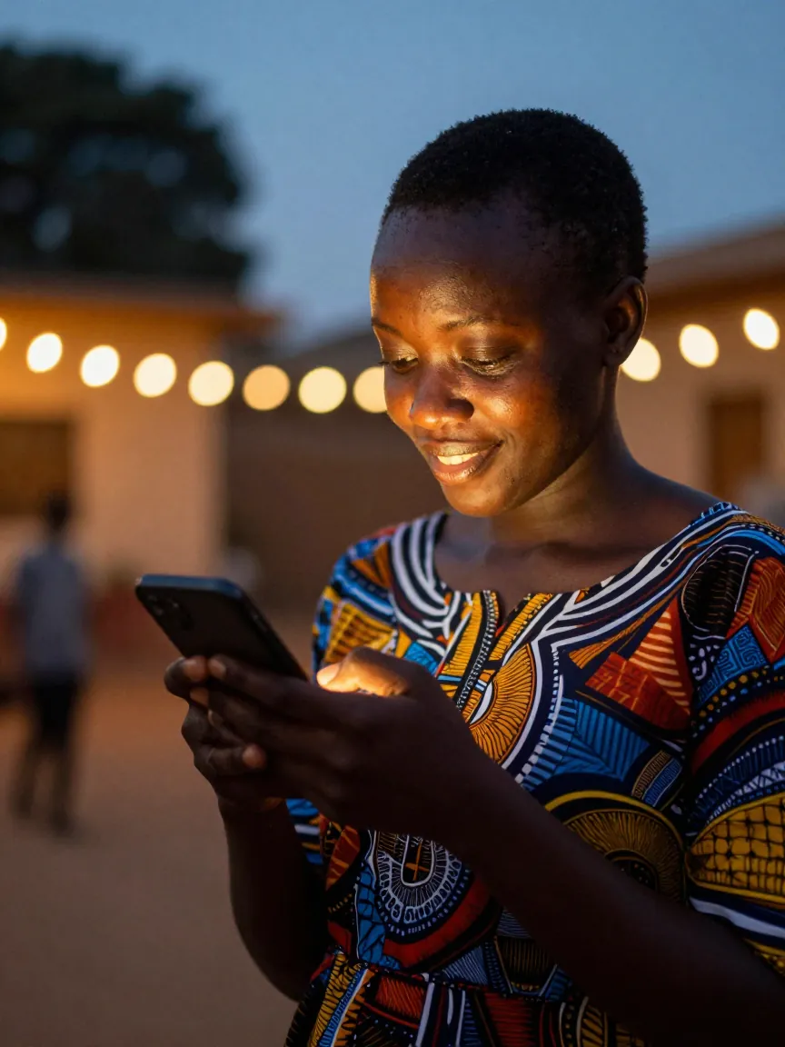 Une jeune femme sourit, le visage éclairé par son téléphone, en découvrant un Dédikas.