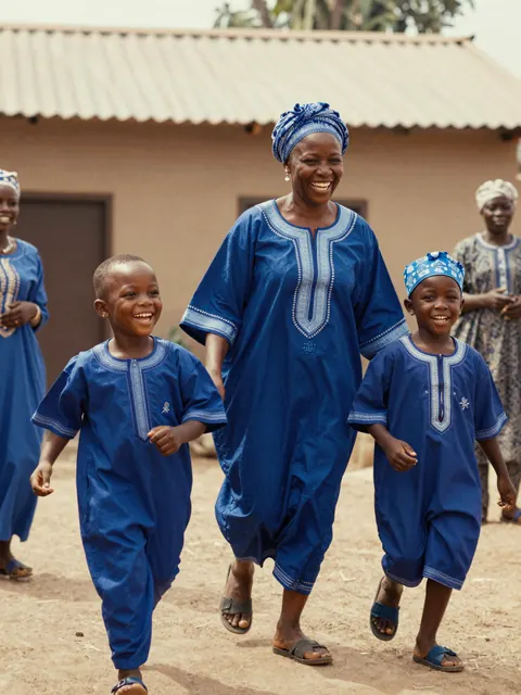 Une famille en bazin bleu rit dans la cour le jour de la Tabaski.
